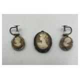 Sterling Silver Cameo Earrings and Pendant