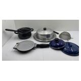 Miscellaneous Lot of Pots and Pans, Strainer, Tray