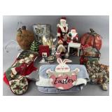 Group of holiday collectibles: ornaments, snow