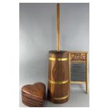 Butter churn, wooden heard box and washboard,