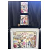 3 framed prints depicting a 1950's diner scenes,