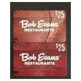 2 - $25 BOB EVANS GIFT CARDS ($50 TOTAL)