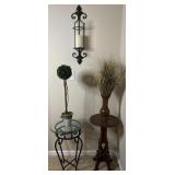 2 plant stands, faux plants and wall sconce,