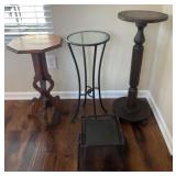 4 plant stands, 2 antique wood stands, one