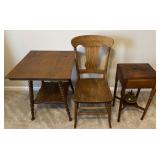 2 vintage side tables & chair, brass candle holder
