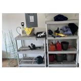 2 plastic shelves with contents, gas can, sprayer
