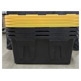 27 Gallon totes w/ lids. Black/yellow. Set of 4.