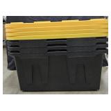 27 Gallon totes w/ lids. Black/yellow. Set of 4.