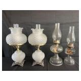 4 table lamps, 2 glass oil lamps & pair of