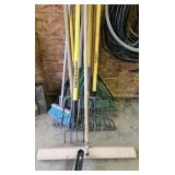 Long handled rakes, leaf and steel, push broom,