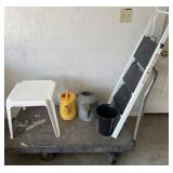 Rubbermaid cart, plastic table, step stool &