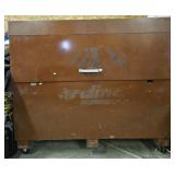 Large, metal job box on wheels. 61'L, 31'W, 53'H