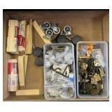 Tray of door hardware, casters, shims and more