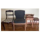 2 chairs, 2 wooden tables, woven basket and more