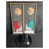 Pair of wood carved wall art and cowboy hat, size
