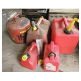 5 Gas cans. Metal 5 gallon, 2 plastic 5 gallon