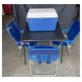 Card table, 4 folding chairs & Coleman cooler