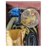 Wooden trunk and contents: lighting supplies.