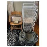Rolling storage rack, wooden chair, suitcase &