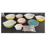Group of Pyrex, bakeware and flatware