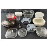 Group of kitchenware, Pyrex, measuring spoons,