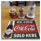 4 Coca-Cola collectibles, 2 clocks, snow globe