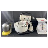 Vintage Juice-O-Mat, Sunbeam Mixmaster & scale