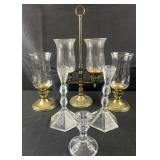 Group of candlesticks, brass and glass, 4'-15.5'