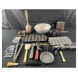 Group of vintage and modern kitchenware & bell,