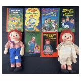 2 vintage Raggedy Ann & Andy dolls and 6 books,