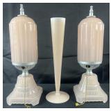 2 vintage style pink glass lamps and vase,