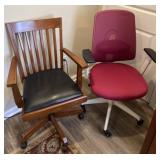 2 office chairs, one wooden with leather seat,
