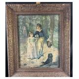 Antique framed print depicting figures on path,