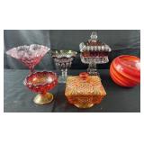 6 decorated glass pieces, lidded jars, dishes and