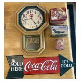Group of Coca-Cola collectibles, clock, sign and