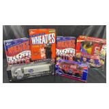 3 full vintage Wheaties boxes, 2 Kroger toy cars