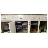 Contents of 4 lower kitchen cabinets, containers,