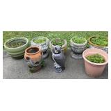7 planters and Owl, 3 concrete, 1 terracotta and