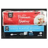 Premium Napkins 660 count. Plastic spoons 600