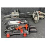 3 chainsaws, cordless Taranzy with 2 batteries,