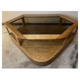 Golden oak coffee table with glass top, 54ï¿½ x 35ï¿½