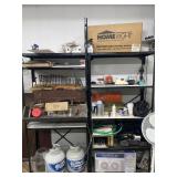 Metal shelves and contents, window fan, dual saw,