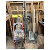 Group of yard tools, ladder, stool & live trap