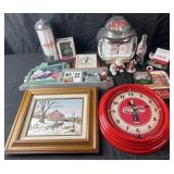 Group of Coca-Cola collectibles, clock, cookie