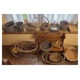 Collection of baskets and wood bench