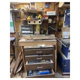 Contents of cabinet and shelves, clamps, jigs,