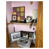 Contents of bedroom closet, framed art, mirror,