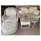 Whitewash rattan chair & loveseat, 2 side tables,
