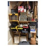 Contents of workshop shelf, wall and floor: