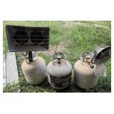 2 propane heaters with 3 propane tanks, 1 full